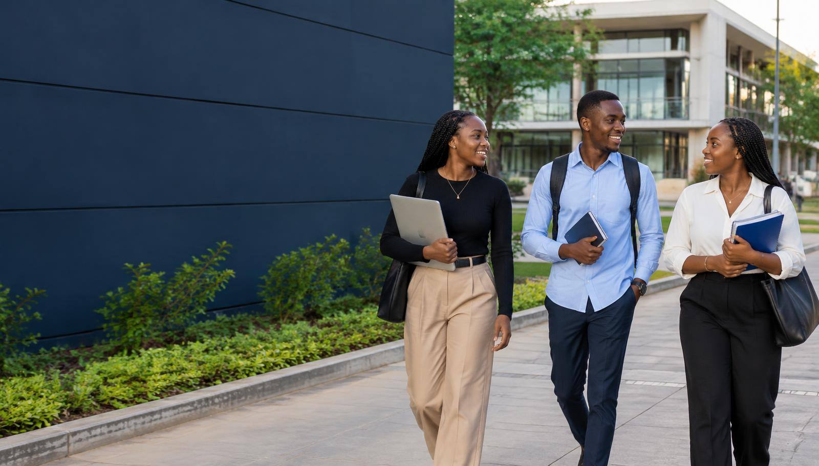Three young graduates walking together on a campus